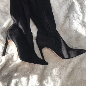 NWOT- Suede heeled knee high sock boots